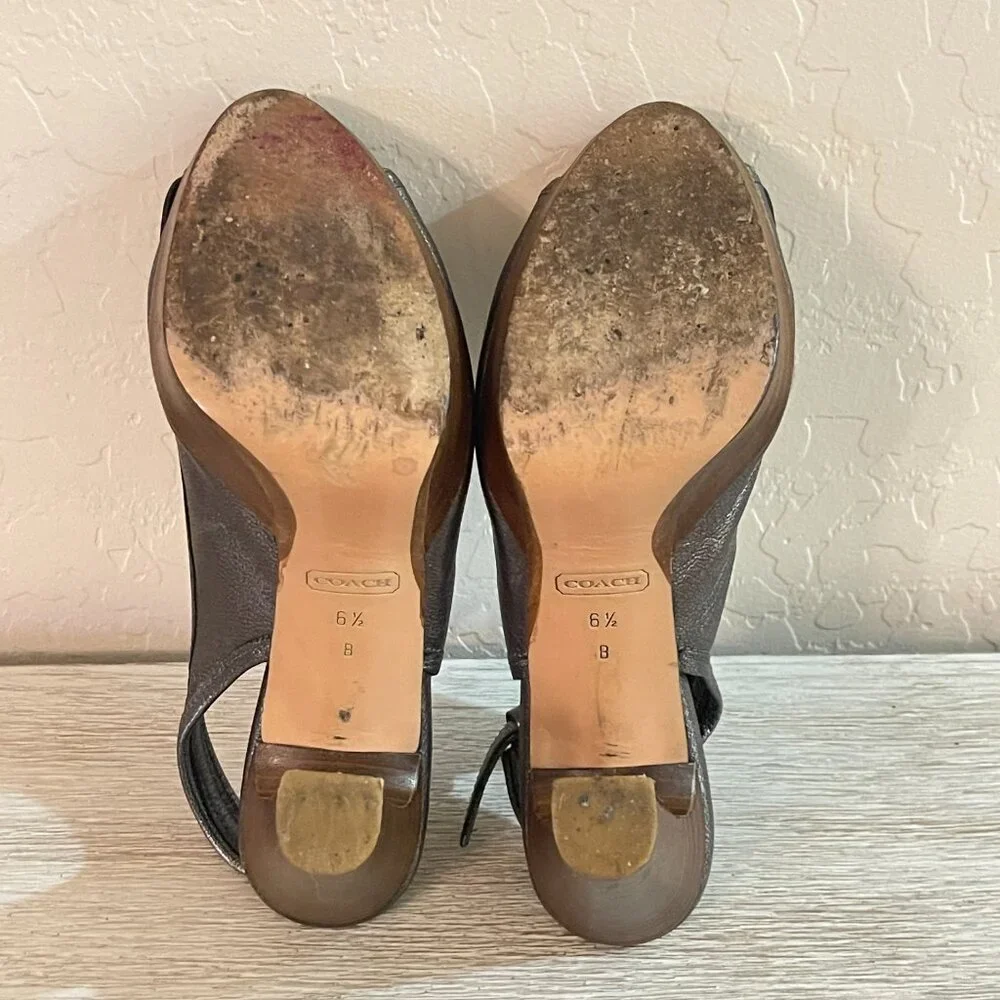 Coach Kiera Platform Heels Peeptoe Slingback Metallic Pewter Gunmetal 6.5